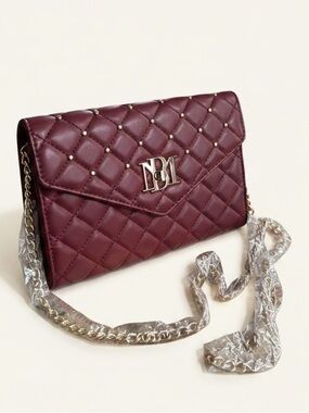 Badgley Mischka Wine Quilted Crossbody Clutch Gold Studs Chain Strap NWT